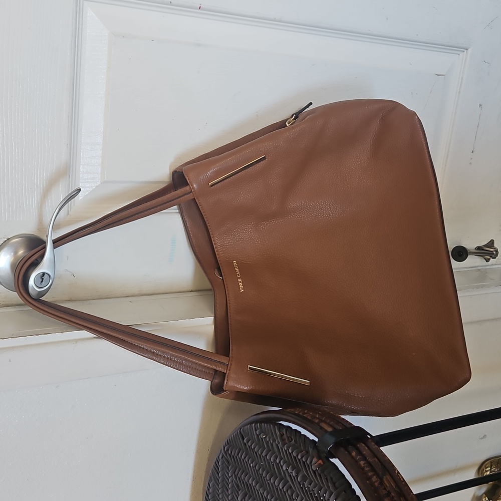 Vince Camuto Brown Leather Tote Bag with Gold Accents